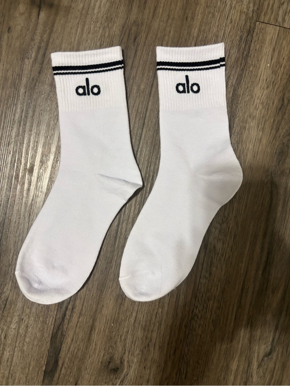 Alo White Crew Socks with Black Stripe